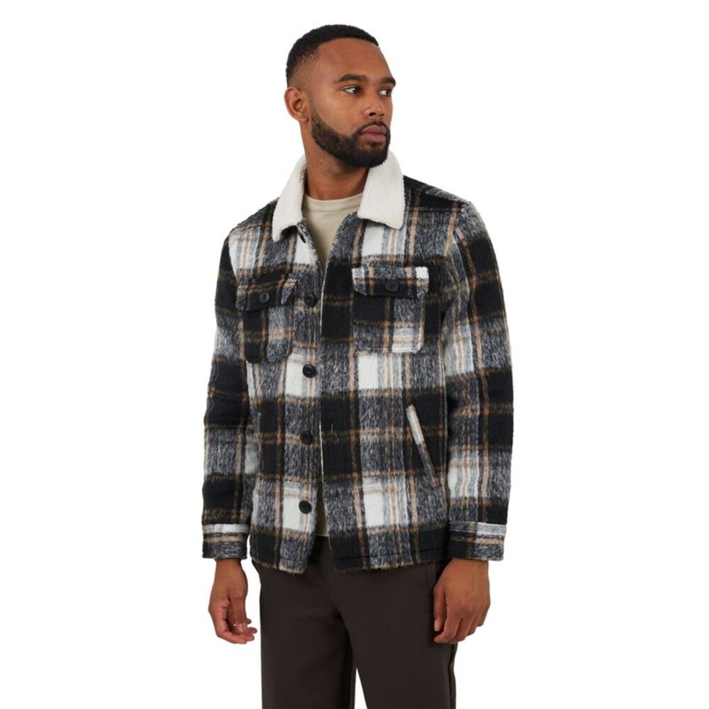 Brave Soul Mens Checked Brushed Jacket / Black/Cream/Orange